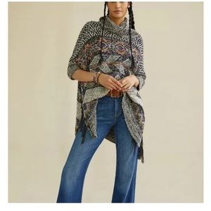 Anthropologie Pilcro Magda Knit Stripe Turtleneck Fringe Poncho Sweater XS/S EUC